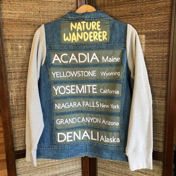 Upcycled Denim Jacket, Size M: Nature Wanderer Patches, Waffle Knit Sleeves - Picture 8 of 12